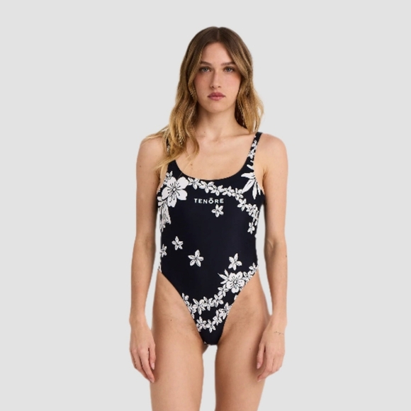 Classic Black and White Floral One Piece Swimsuit - Picture 1 of 9